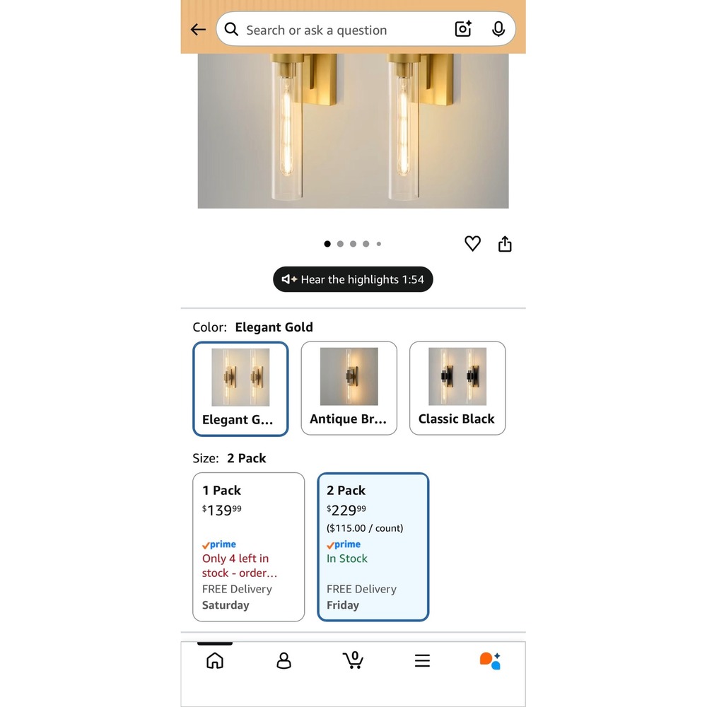 Champagne Brass Wall Sconces (2) Clear Glass Tube Vanity Lights Bathroom Hallway - Picture 8 of 16